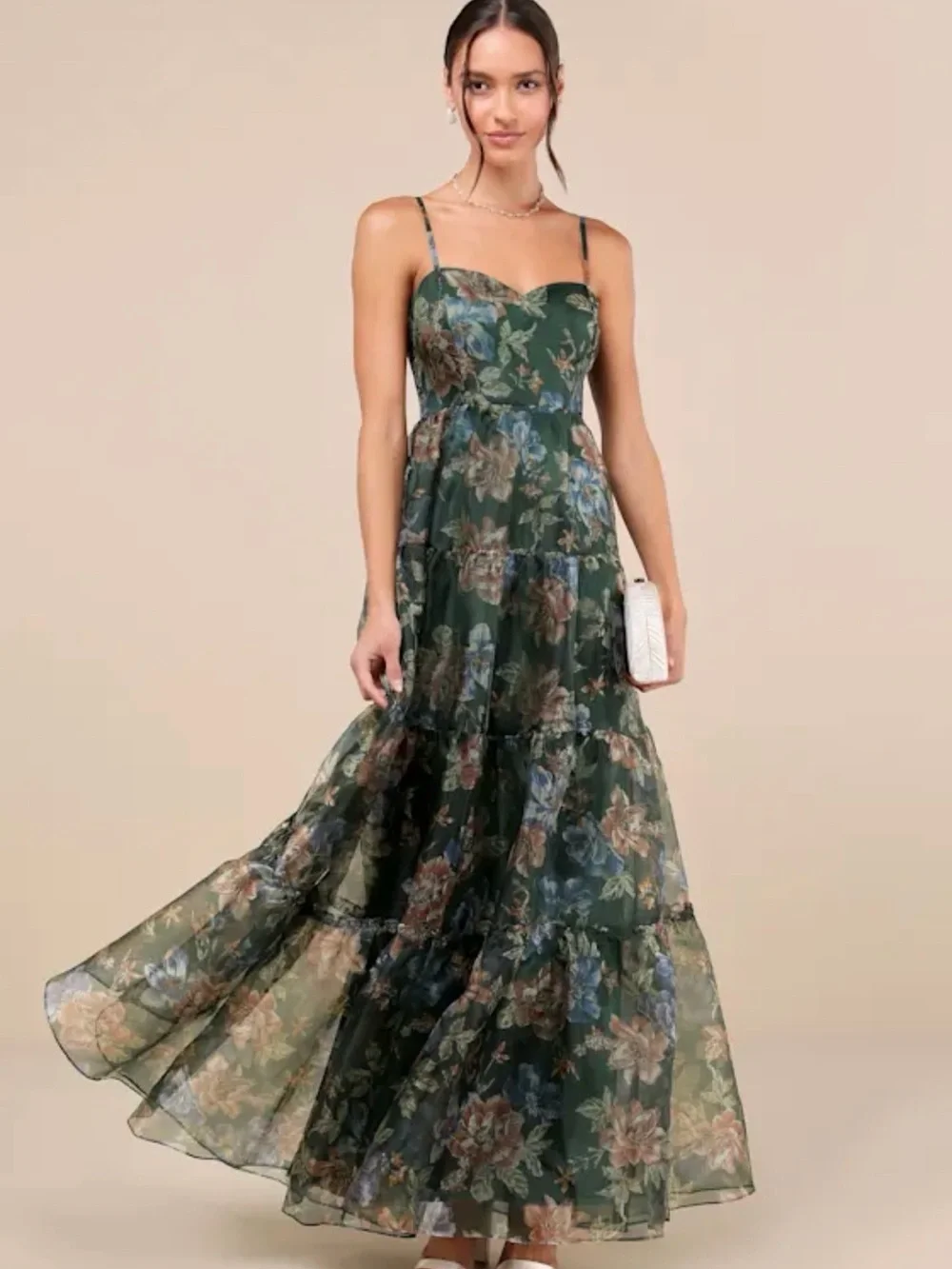 Lulu's Dark Green Floral Spaghetti-Strap Maxi Dress - Picture 1 of 4